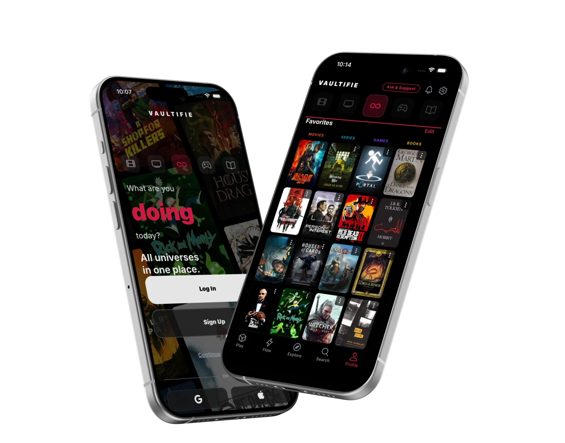 Two iPhones running Vaultifie. One shows the welcome screen reading "What are you doing today?", the other shows a profile of favourite movies, series, games and books.